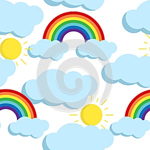 Cute vector seamless pattern with rainbows and clouds icons. photo