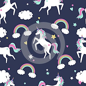 Vector cute seamless pattern with unicorns, rainbows and clouds