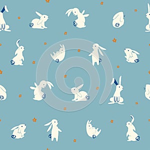 Vector cute and simple hand-drawn rabbit illustration motif seamless repeat pattern retro blue color background