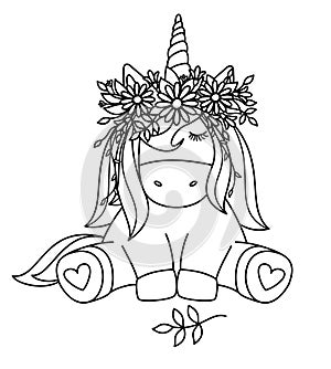 Vector cute sitting unicorn in wreath.