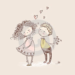 Vector cute sketchy style younge couple. Valentine`s card. The f