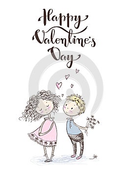 Vector cute sketchy style younge couple. Valentine`s card. Happy