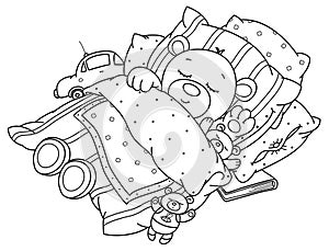 Vector cute, sleeping  baby bear in bed.