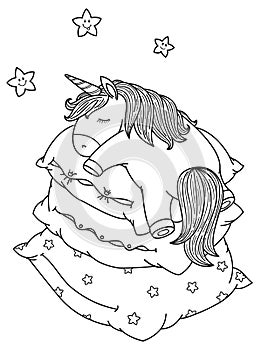 Vector cute, sleeping unicorn on pillows.