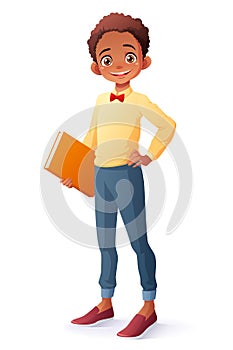 Vector cute smart smiling young African ethnic school student boy.