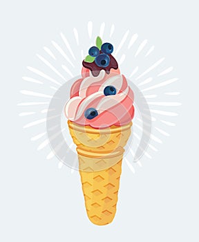 Vector cute smiling ice cream cones with blueberry, mint, blueberry
