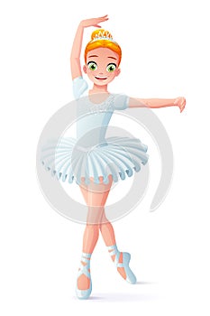 Vector cute smiling young dancing ballerina girl in white tutu.