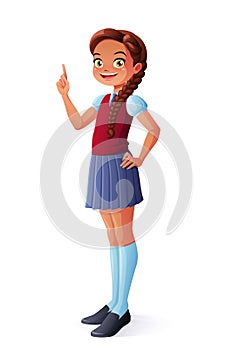 Vector cute smiling young school student girl finger pointing up.