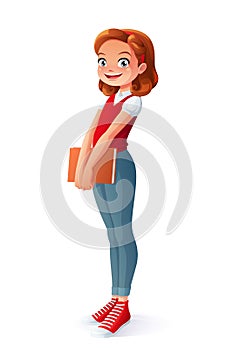 Vector cute smiling young school student girl standing with book.