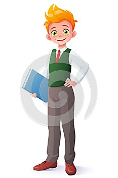 Vector cute smiling young student redhead boy in school uniform.