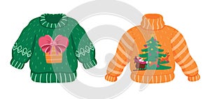 Vector cute tacky sweaters set for Christmas party.