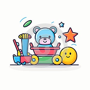 Vector of a cute teddy bear surrounded by a colorful pile of toys
