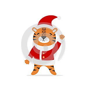 Vector cute tiger on a white background. New Year 2022 symbol. Funny tiger cub wearing santa claus hat.