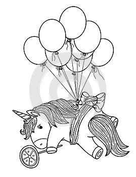 Vector cute unicorn with balloons, black silhouette.