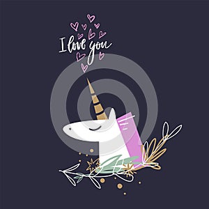 Vector cute unicorn head illustration, card and t-shirt design