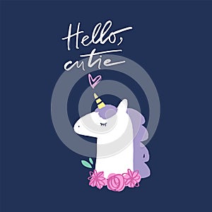 Vector cute unicorn head illustration, card and t-shirt design