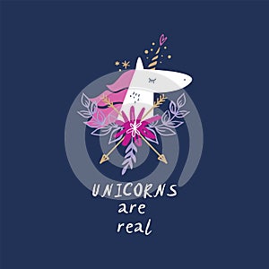 Vector cute unicorn head illustration, card and t-shirt design