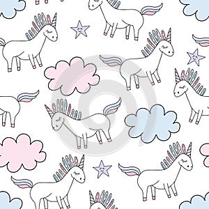 Magic cute unicorn background with stars. Vector seamless pattern