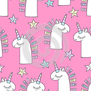 Vector cute unicorn silhoette with stars. Girly seamless pattern for textile, print, web design