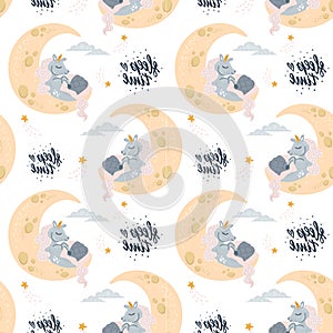 Vector cute unicorn sleeping at cloud in hat