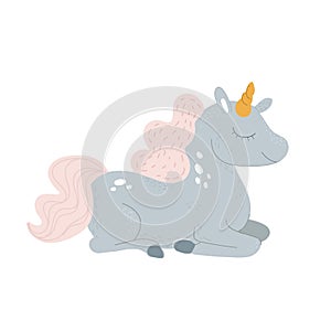 Vector cute unicorn sleeping at cloud in hat