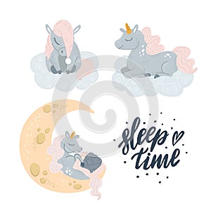 Vector cute unicorn sleeping at cloud in hat