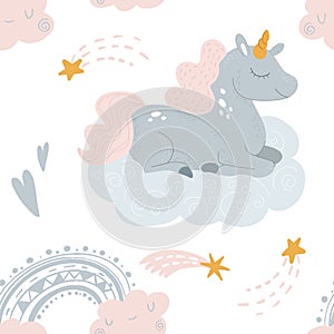 Vector cute unicorn sleeping at cloud in hat