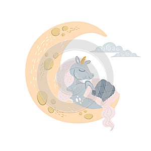 Vector cute unicorn sleeping at cloud in hat