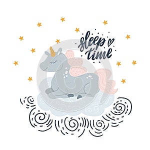 Vector cute unicorn sleeping at cloud in hat