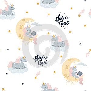 Vector cute unicorn sleeping at cloud in hat