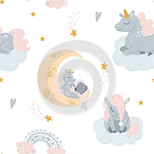 Vector cute unicorn sleeping at cloud in hat