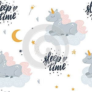 Vector cute unicorn sleeping at cloud in hat