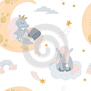 Vector cute unicorn sleeping at cloud in hat