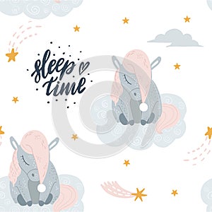 Vector cute unicorn sleeping at cloud in hat