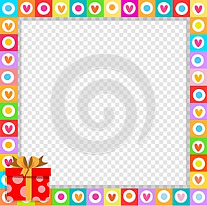 Cute vibrant frame made of doodle hearts with bright red gift box in corner