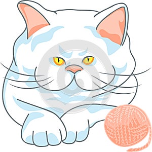 Vector cute white cat with ball of yarn