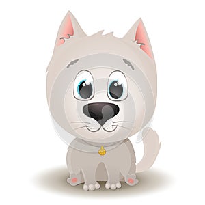 Vector cute white cat with big eyes in cartoon style. Flat character illustration isolated on white background