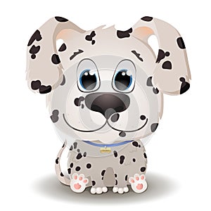 Vector cute white with spotted dog with big eyes in cartoon style. Dalmatian Puppy. Flat character isolated on white