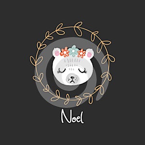 Vector cute winter polar bear girl with flowers wreath