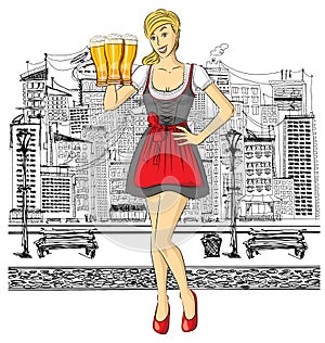 Vector Cute Woman In Drindl On Oktoberfest