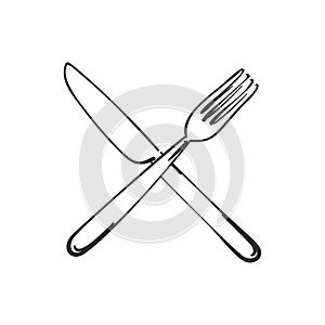 Vector cutlery, Fork and knife crossed linear sketch isolated pictogram, Kitchen dining utensils, Hand drawn black