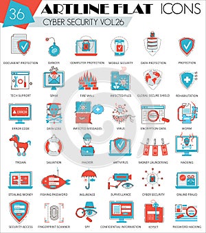 Vector Cyber security ultra modern outline artline flat line icons for web and apps.