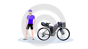 Vector cyclist with touring gravel. Bikepacking setup. Vector illustration