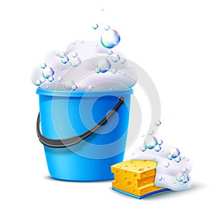 Vector 3d bucket and sponge with soapy bubbles photo