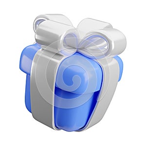 Vector 3d gift box icon. Cute realistic holiday blue present with silver ribbon, bow isolated on white. Minimal 3d render surprise