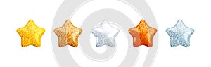 Vector 3d glitter textured stars icon set on white background. Cute realistic gold, silver, bronze cartoon 3d render