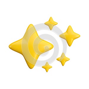 Vector 3d gold sparkle star set on white background. Cute realistic cartoon 3d render, five glossy yellow four pointed