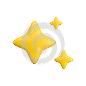 Vector 3d gold sparkle star set on white background. Cute realistic cartoon 3d render, glossy yellow four pointed