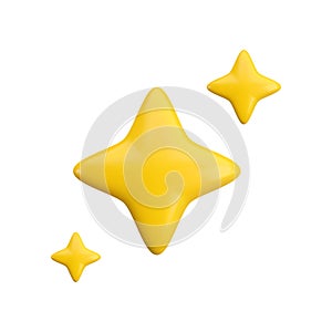 Vector 3d gold sparkle star set on white background. Cute realistic cartoon 3d render, glossy yellow four pointed