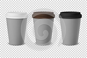 Vector 3d Gray Realistic Disposable Closed Paper, Plastic Coffee Cup for Drinks with White, Brown and Black Lid Set